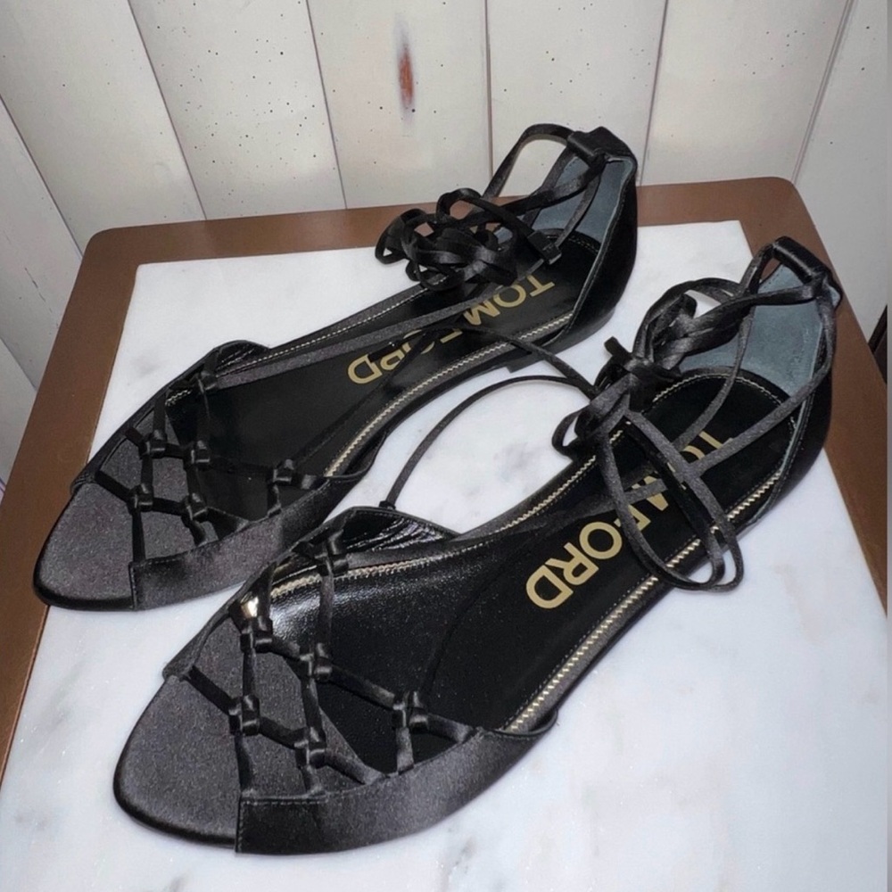 Sandals Flats Tom Ford Black Satin Strappy Sandals TieUp
